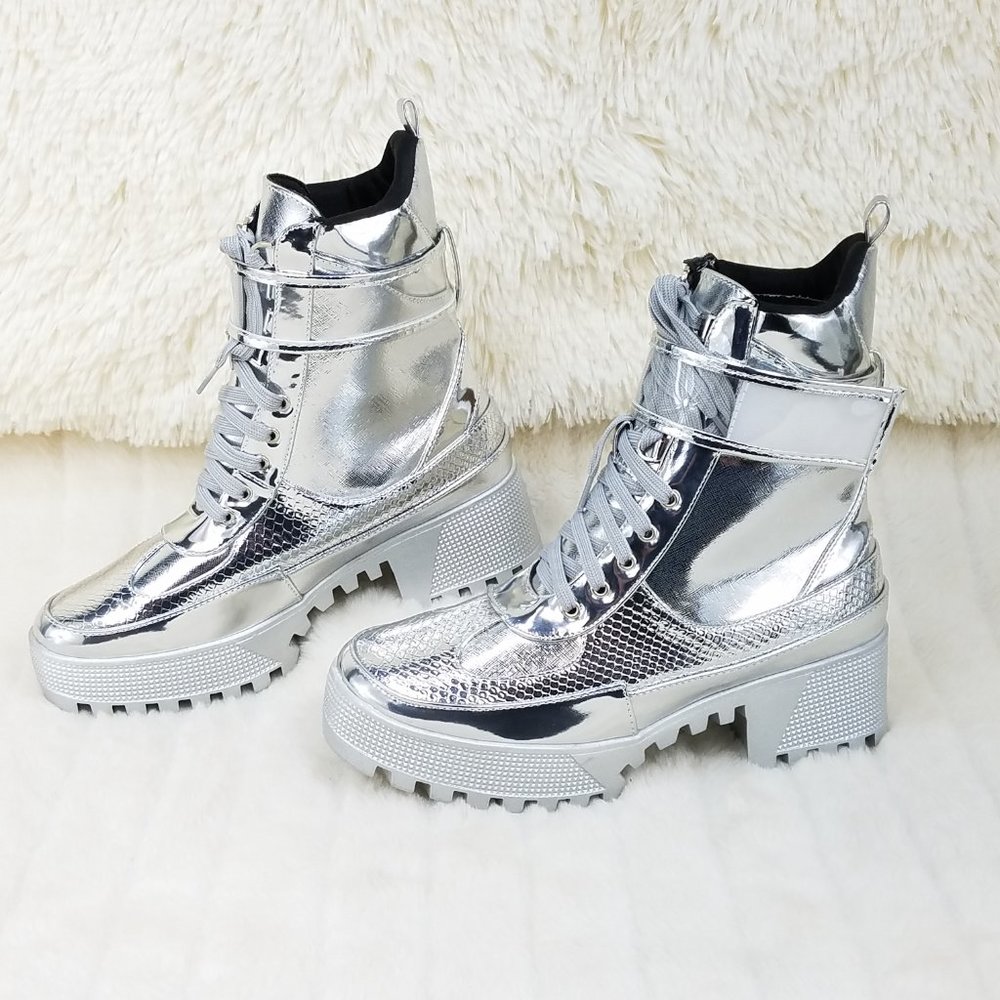 Silver Lug Sole Combat Ankle boots Lynn Size 5.5 US - Picture 6 of 11